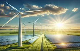 Wind turbines and solar panels in field